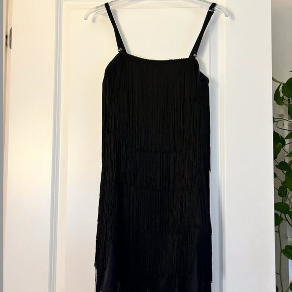 Fringed tiered satin mini-dress, size S - Picture 2 of 4